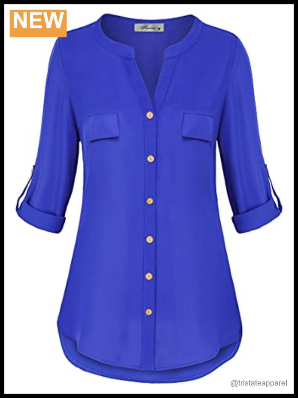 Women's Notch V-Neck Tab Sleeve Button Down Chiffon Blouse Top